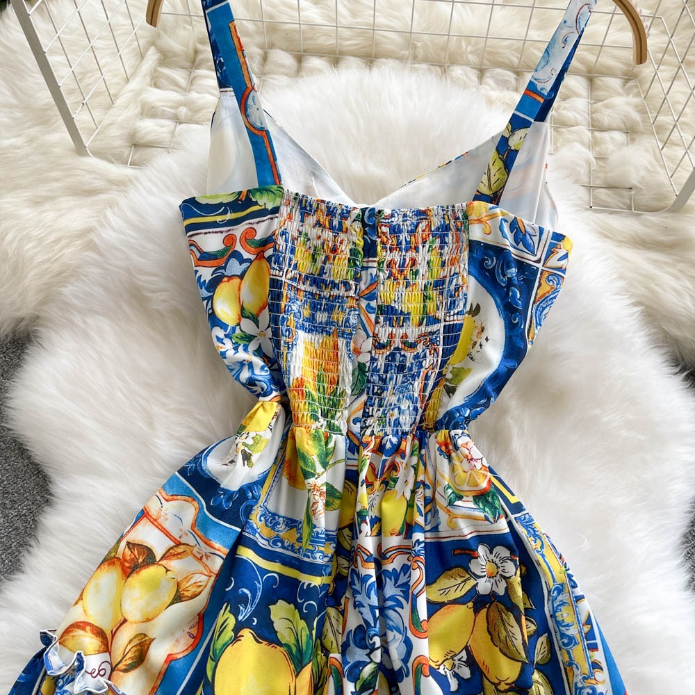 Vestido largo para mujer con estampado cítricos estilo con tirantes - Nina