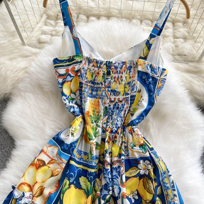 Vestido largo para mujer con estampado cítricos estilo con tirantes - Nina