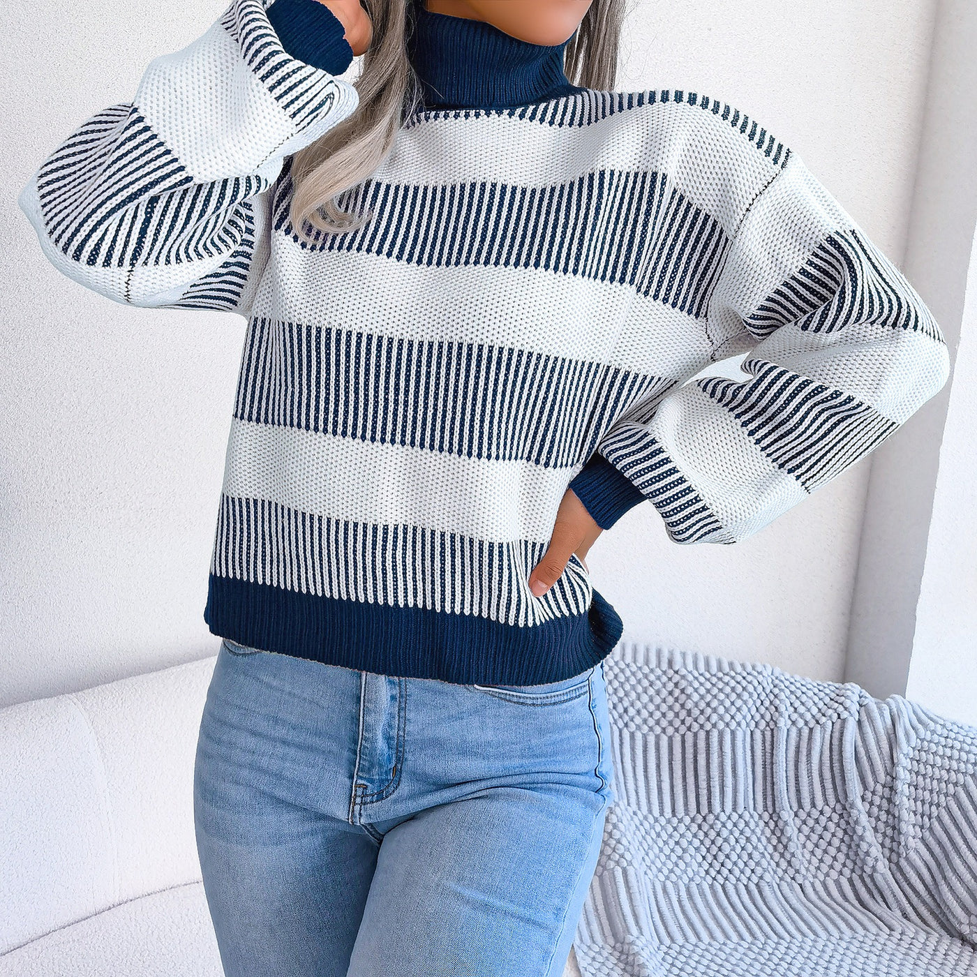 Jersey mujer rayas anchas cuello alto tejido punto - Elsy