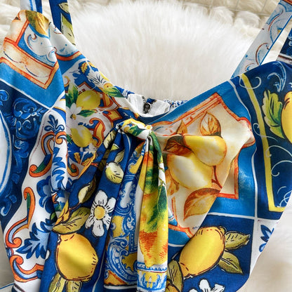 Vestido largo para mujer con estampado cítricos estilo con tirantes - Nina