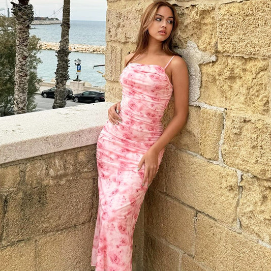 Vestido largo para mujer entallado estampado floral con tirantes finos - Nery
