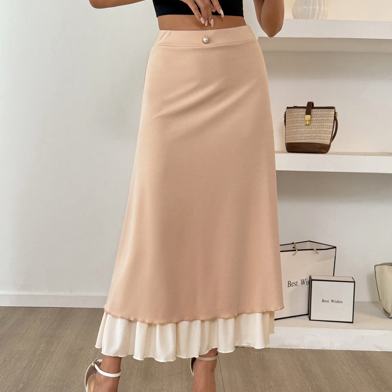 Falda larga para mujer doble capa satinada estilo fluido - Remi