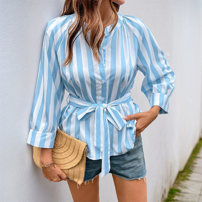 Blusa de manga larga para mujer rayas verticales con cinturón - Marieke