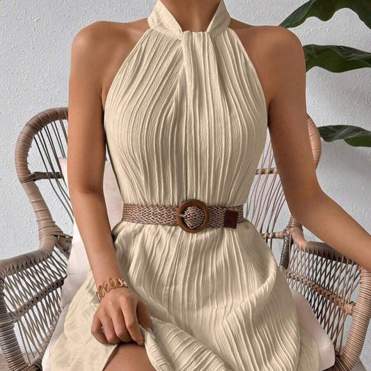 Vestido para mujer plisado de cuello halter cinturón - Eléa