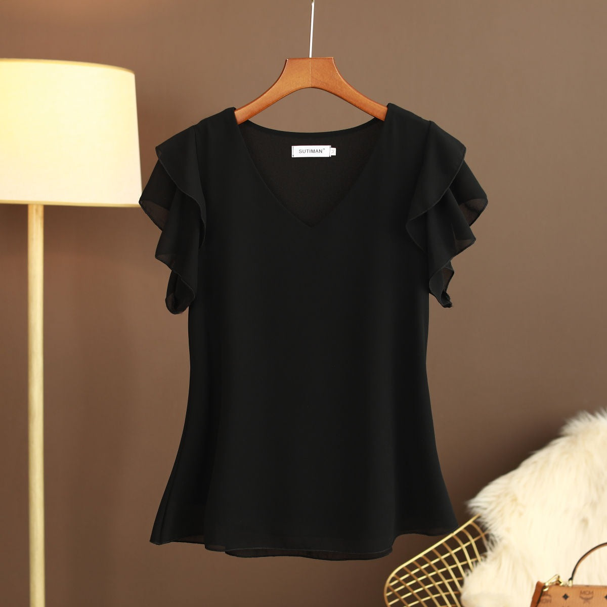 Blusa para mujer de gasa ligera con mangas de volantes escote en pico - Elvira