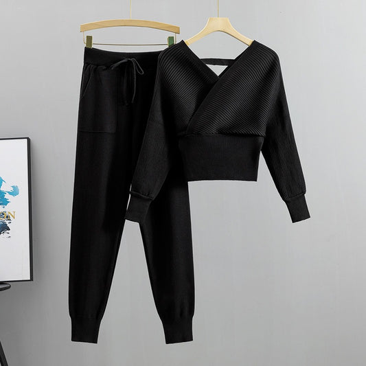 Conjunto punto mujer jersey cruzado y jogger canalé - Ilona