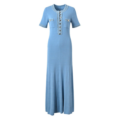 Vestido largo para mujer de punto acanalado con detalles denim - Mariela