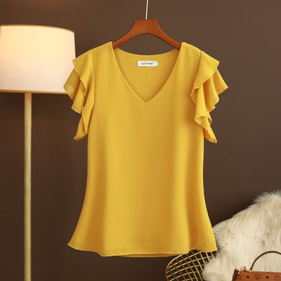 Blusa para mujer de gasa ligera con mangas de volantes escote en pico - Elvira