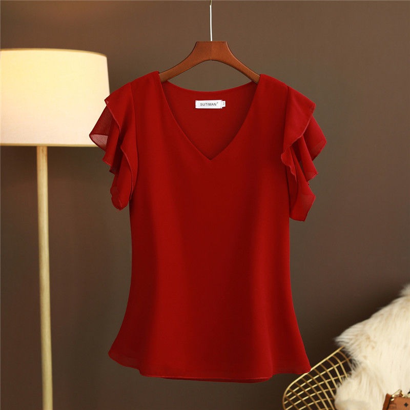 Blusa para mujer de gasa ligera con mangas de volantes escote en pico - Elvira