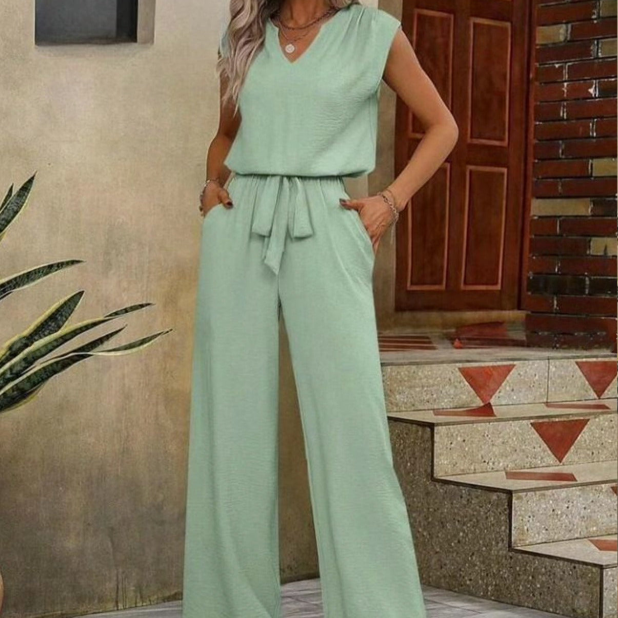 Conjunto sin mangas para mujer escote en V y pantalón palazzo - Lorena