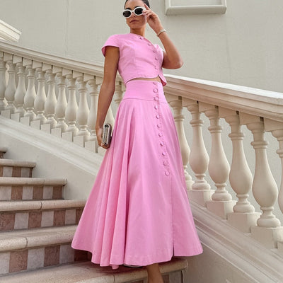 Conjunto para mujer dos piezas top abotonado con falda midi acampanada - Valeria