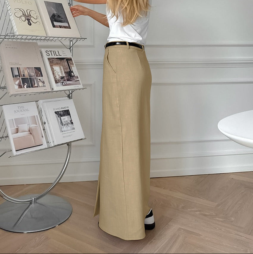 Falda larga para mujer tiro alto abertura frontal estilo recto - Julieta