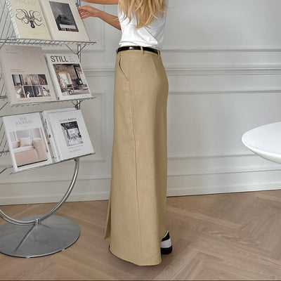 Falda larga para mujer tiro alto abertura frontal estilo recto - Julieta