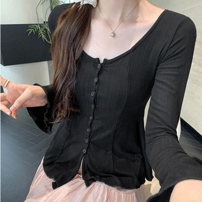 Camiseta mujer canalé manga larga botones decorativos - Delorean