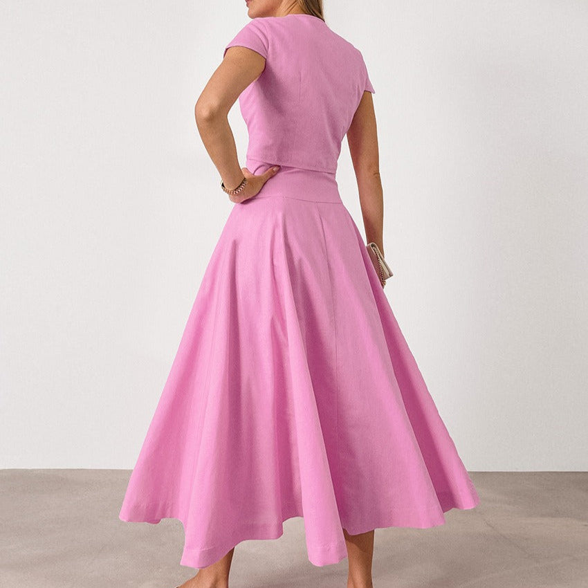 Conjunto para mujer dos piezas top abotonado con falda midi acampanada - Valeria