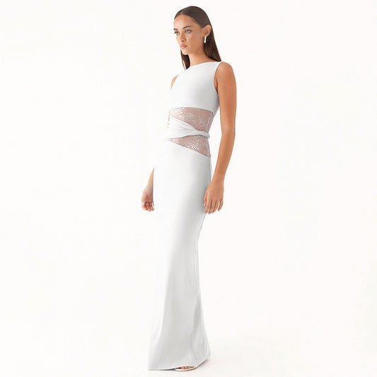 Vestido largo mujer sin mangas con encaje transparente - Leontina