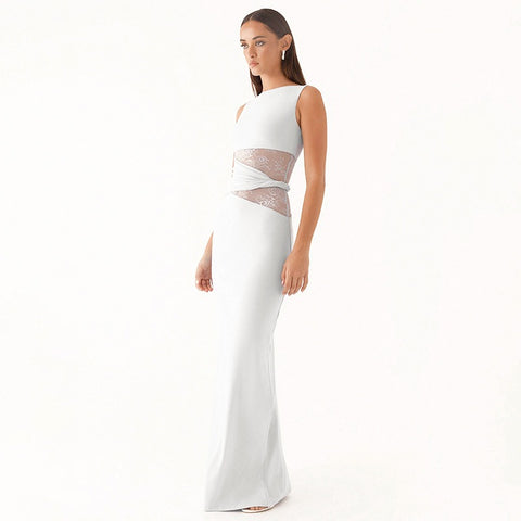 Vestido largo mujer sin mangas con encaje transparente - Leontina