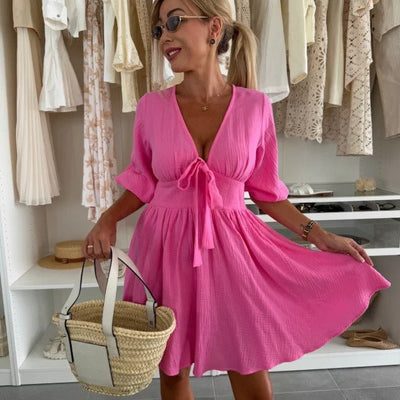 Vestido corto de mujer con escote fruncido y manga abullonada - Céline