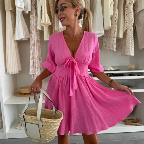 Vestido corto de mujer con escote fruncido y manga abullonada - Céline