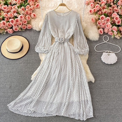 Vestido largo para mujer lunares cinturón estilo elegante - Colette