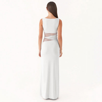 Vestido largo mujer sin mangas con encaje transparente - Leontina