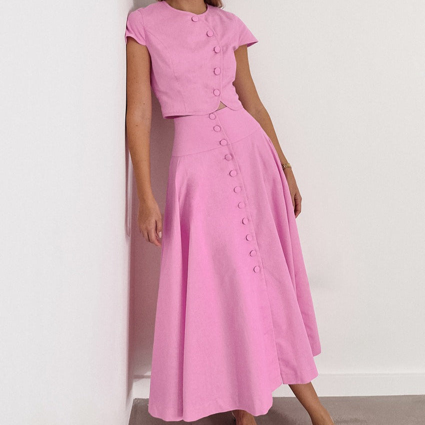 Conjunto para mujer dos piezas top abotonado con falda midi acampanada - Valeria