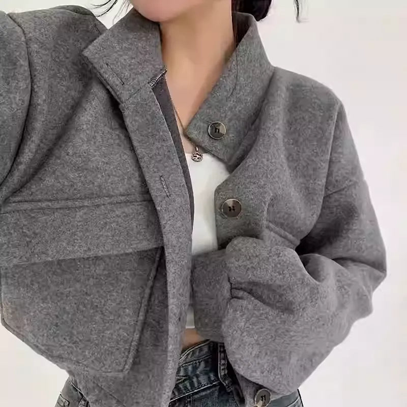 Chaqueta corta de lana gris para mujer - Mauwi
