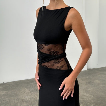 Vestido largo mujer sin mangas con encaje transparente - Leontina