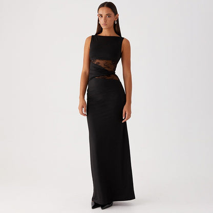 Vestido largo mujer sin mangas con encaje transparente - Leontina