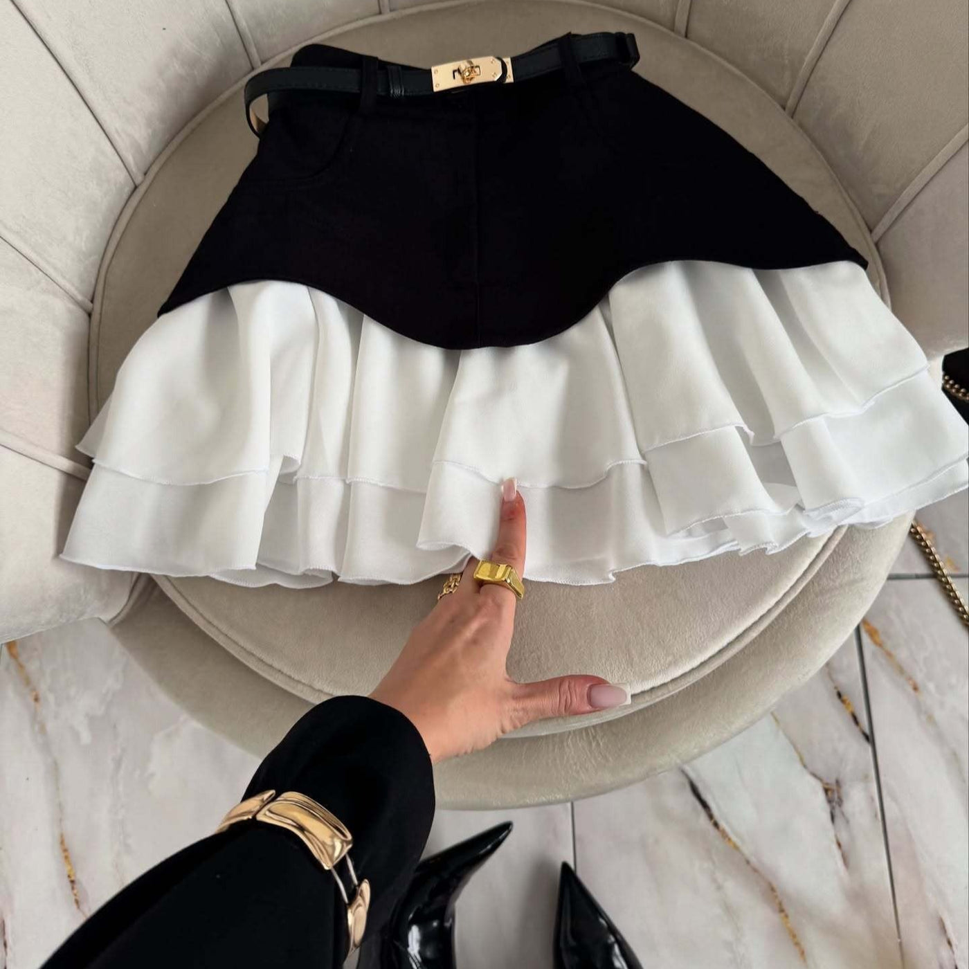 Minifalda para mujer denim combinado con volantes plisados corte en capas - Yvette