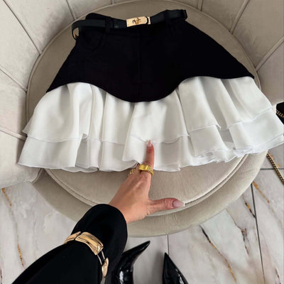 Minifalda para mujer denim combinado con volantes plisados corte en capas - Yvette