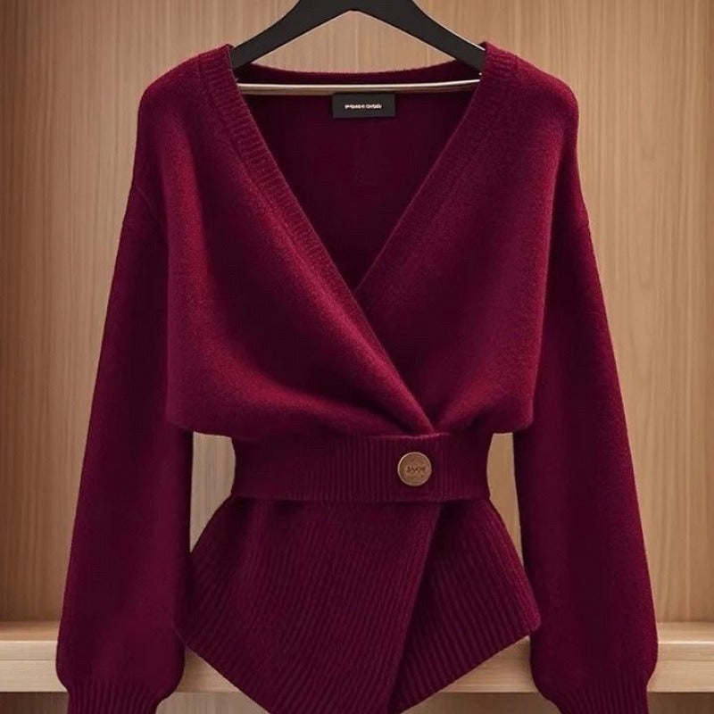 Jersey mujer punto canalé cruzado detalle cinturón estilo elegante - Matildee