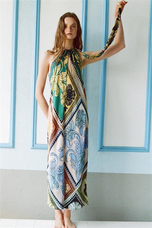 Jena - Vestido midi de seda estampada con cuello halter