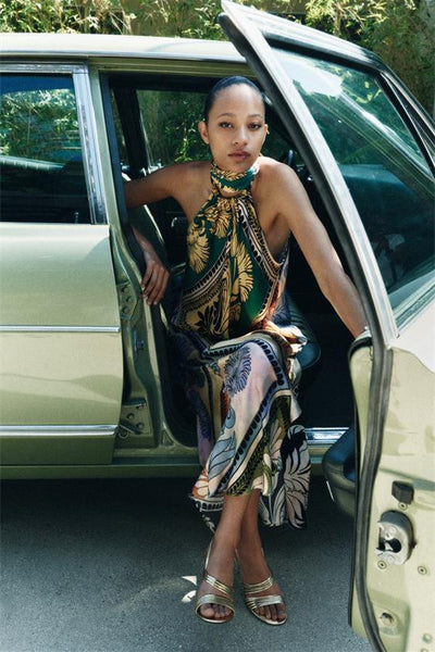 Jena - Vestido midi de seda estampada con cuello halter