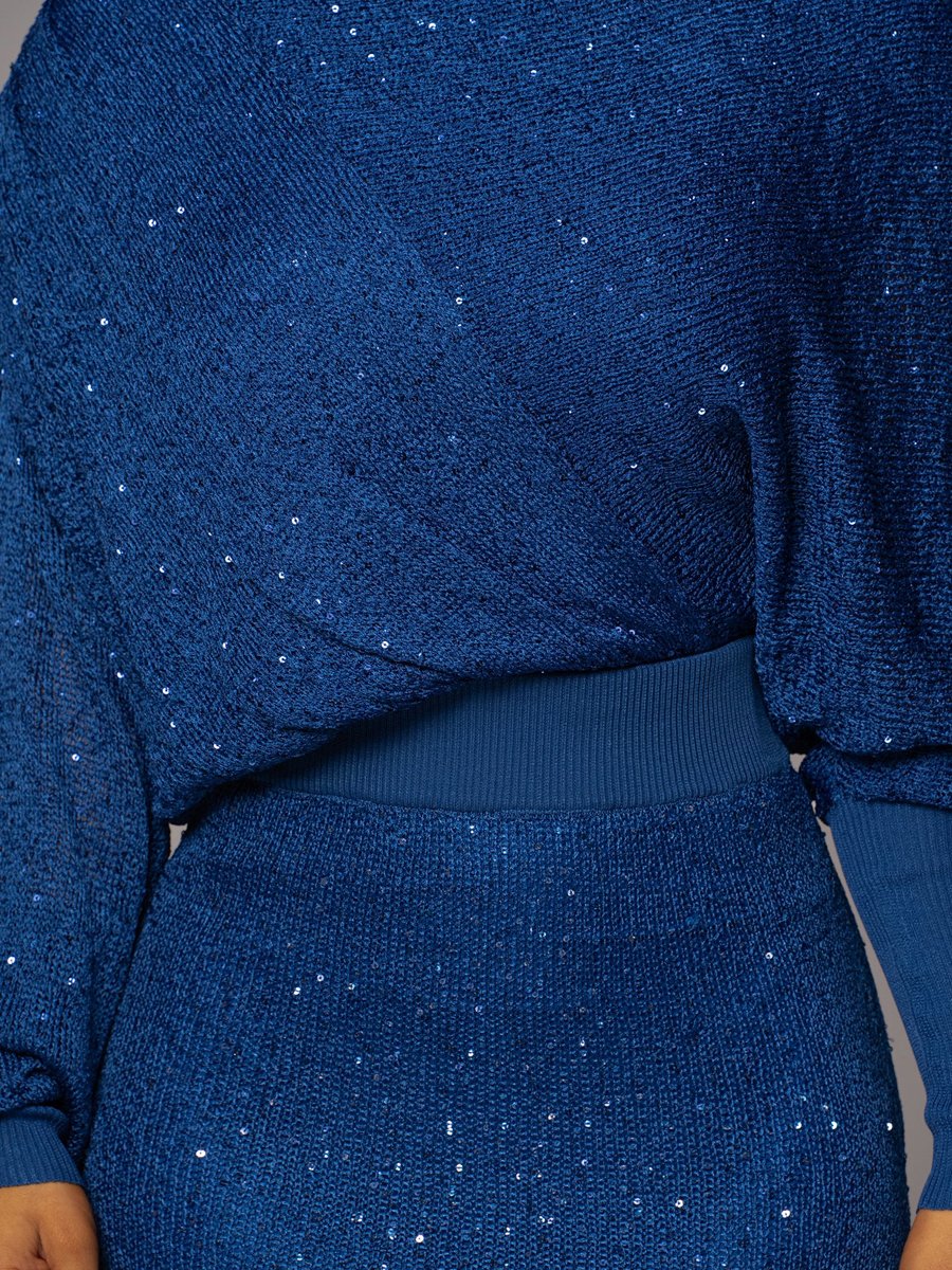 Selena - Conjunto de dos piezas de punto con lentejuelas y escote inclinado