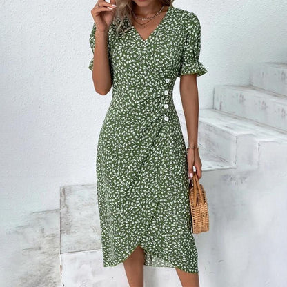 Blaire - Vestido midi de manga corta con estampado floral verde y tapeta de botones