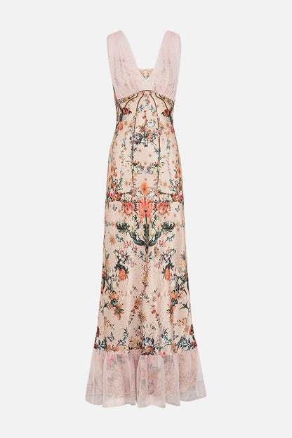 Cecy - Maxivestido con escote en pico y superposición de malla