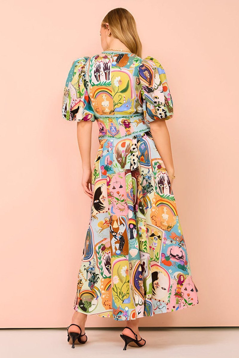 Julia - Vestido midi con escote en pico y mangas abullonadas