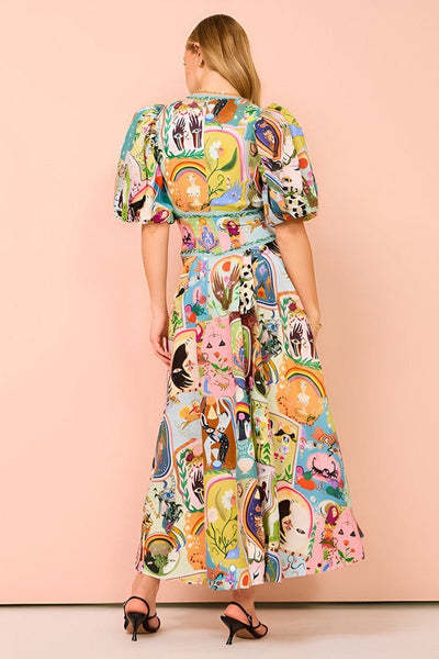 Julia - Vestido midi con escote en pico y mangas abullonadas