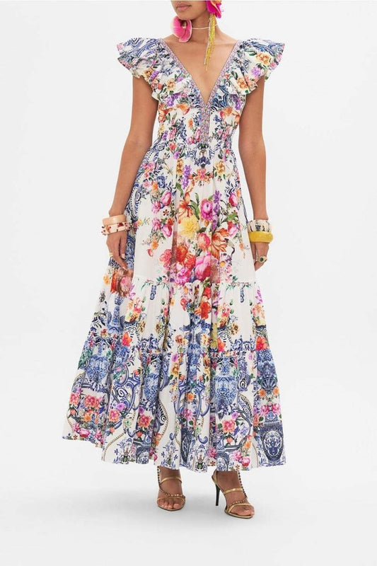 June - Vestido Maxi Estampado Floral con Volantes