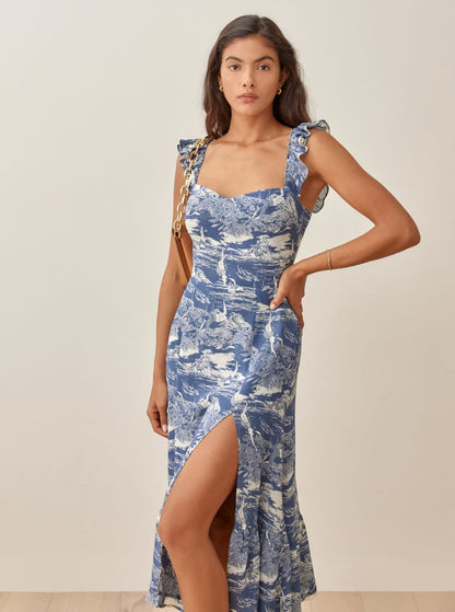 Mia - Vestido midi estampado con volantes y abertura