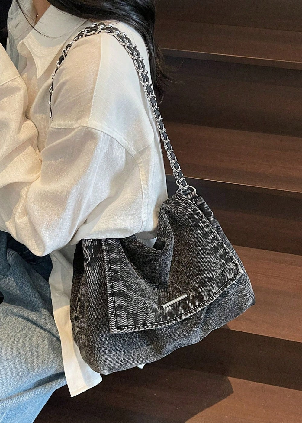 Bolso mujer denim estilo urbano cadena metálica - Briseida