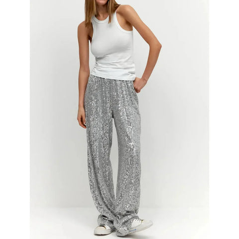 Pantalones de lentejuelas para mujer - cintura alta, corte holgado