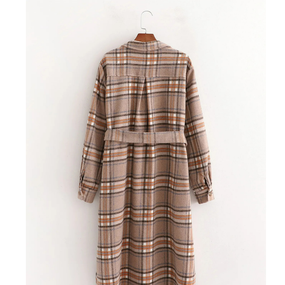 Chantal - Abrigo largo de cuadros para mujer, estilo otoñal, corte holgado