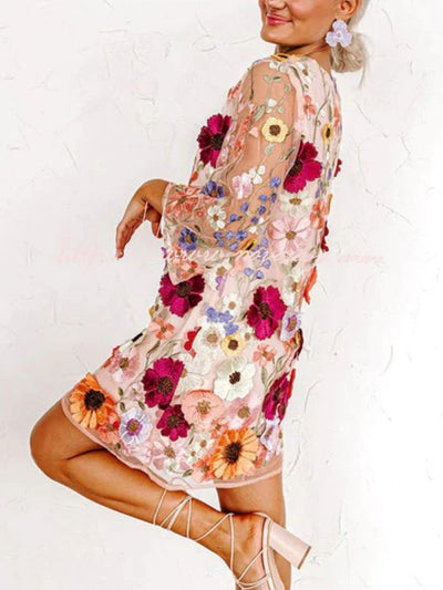 Flaura - Moda floral tridimensional Vestido corto a la cadera