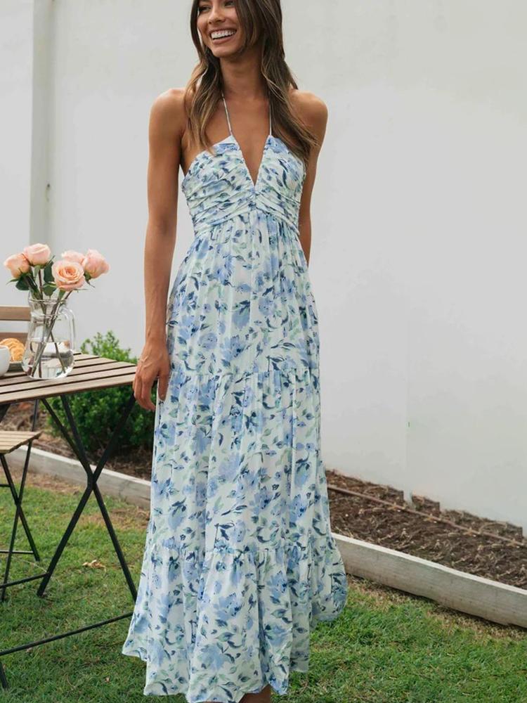 Susy - maxi vestido de verano con escote halterneck y estampado floral