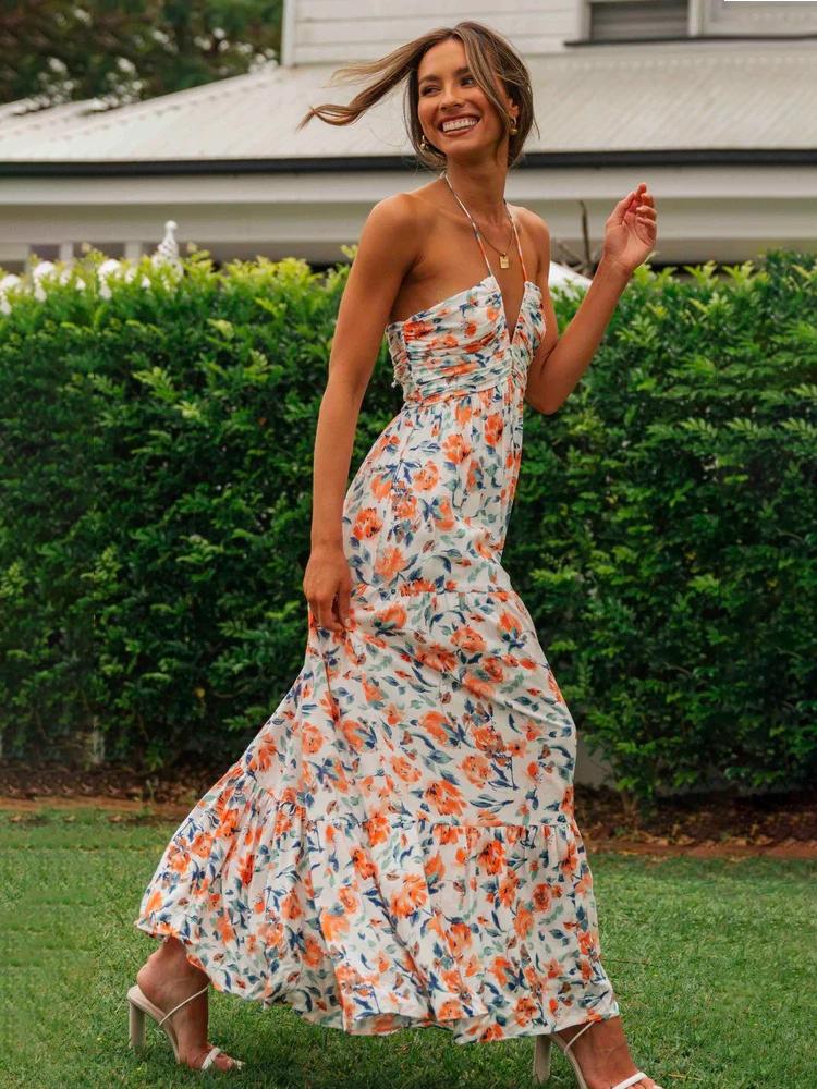 Susy - maxi vestido de verano con escote halterneck y estampado floral