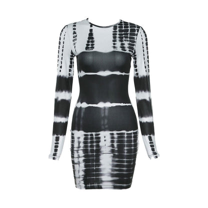 Elina - Mini Vestido Bodycon de Manga Larga con Mezcla de Tie Dye de Moda