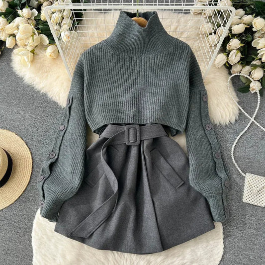 Traje de dos piezas con falda corta de punto y chaleco, elegante y versátil perfecto para un look contemporáneo y femenino