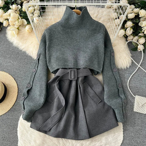 Traje de dos piezas con falda corta de punto y chaleco, elegante y versátil perfecto para un look contemporáneo y femenino